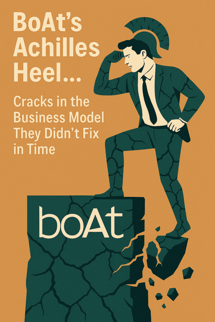 Illustration of a cracked businessman dressed as Achilles standing on a fractured BoAt pedestal, symbolizing weaknesses in BoAt’s business model.
