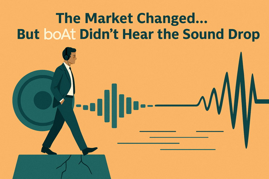 Businessman wearing headphones walks unaware over cracked ground while dynamic sound waves shift around him, symbolizing BoAt's failure to adapt to changing market signals.