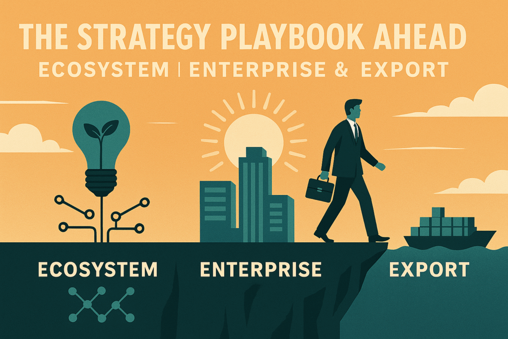 Illustration of a strategic business journey from ecosystem to enterprise to export, with symbolic visuals of a plant bulb, buildings, and a cargo ship under the headline "The Strategy Playbook Ahead.