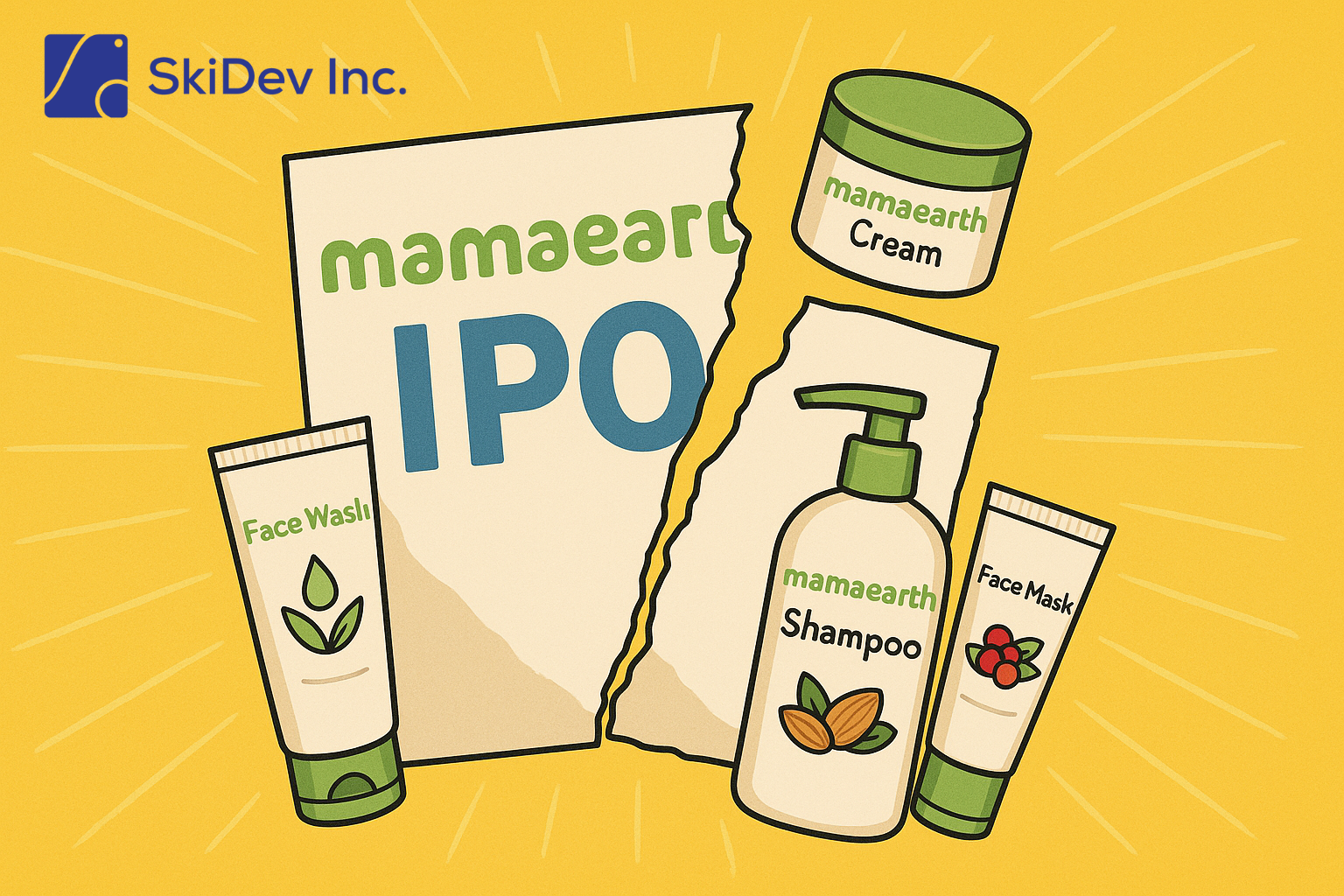 An illustrated torn IPO document labeled "Mamaearth" surrounded by beauty products like face wash, shampoo, face mask, and cream, set against a bright yellow sunburst background.