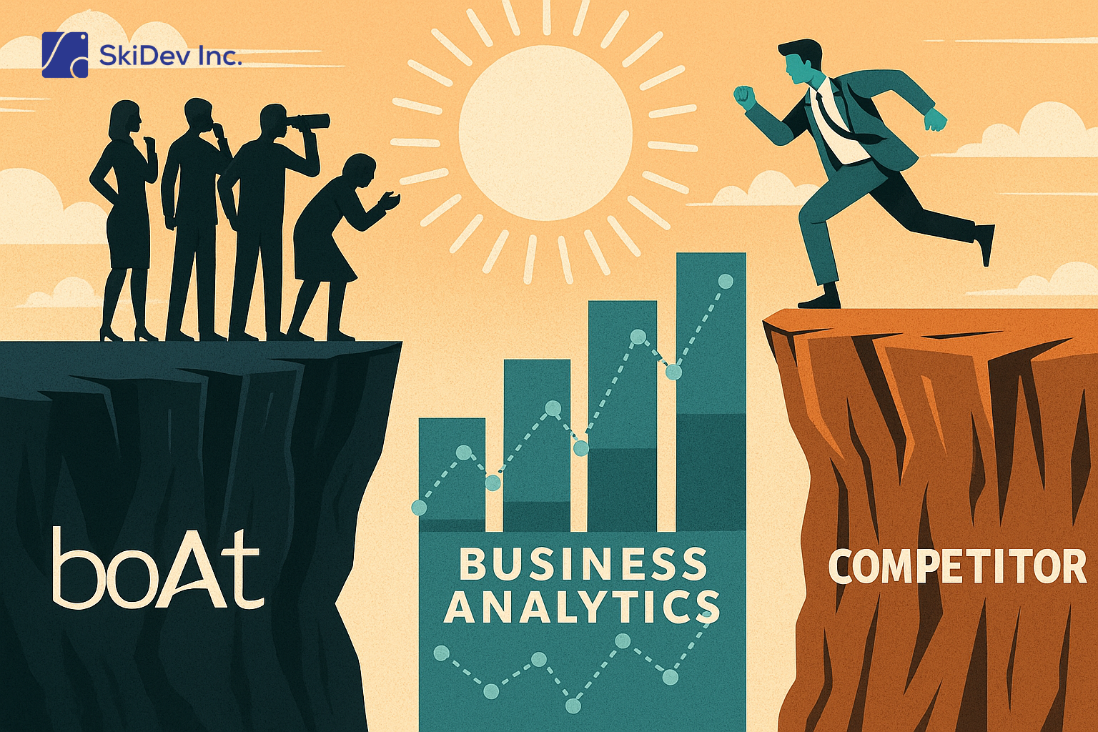 Illustration showing BoAt team stuck on one cliff while a competitor leaps ahead using business analytics, symbolizing data-driven growth gap in the consumer tech market.